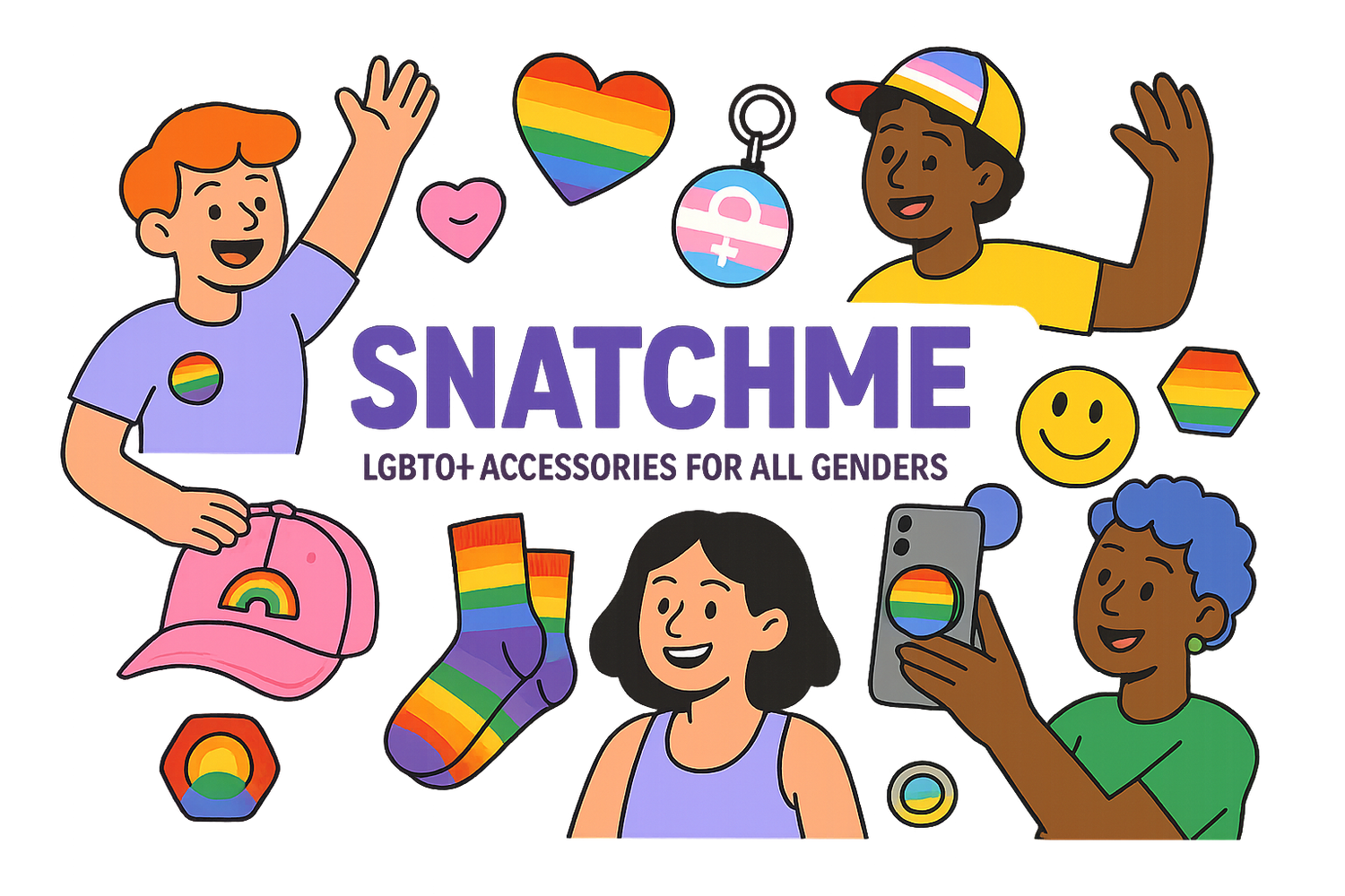 Colorful and inclusive LGBTQ+ pride accessories by Snatchme including pins, hats, keychains, socks, and phone grips for all genders. Celebrate queer pride with rainbow patterns, heart icons, playful designs, perfect for gifting or personal style.